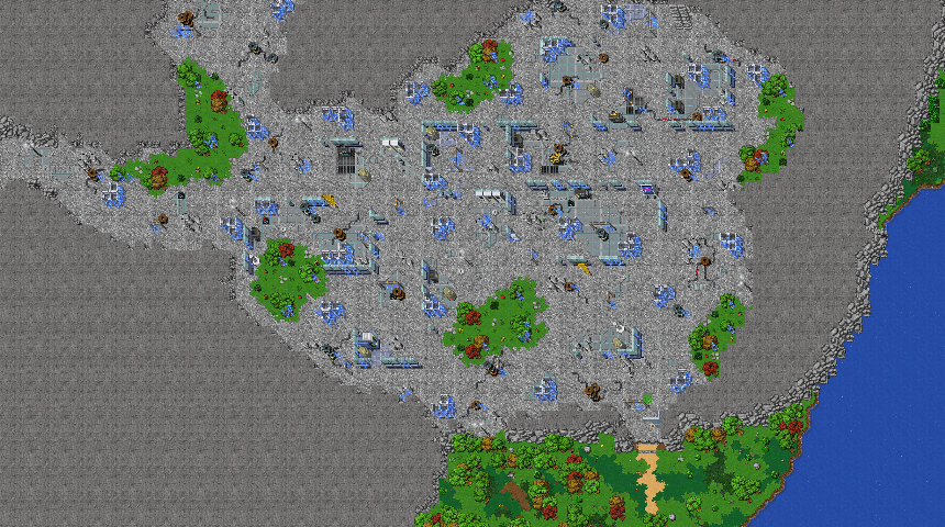 Aerial view of a PokeValley cave, with stone galleries, pools of water and the way out to the woods