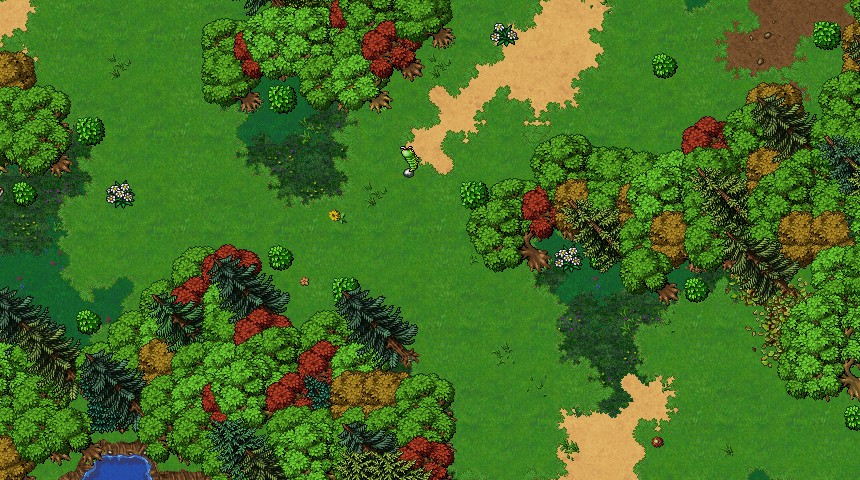 Aerial view of a PokeValley forest, with a dirt trail, clearings and a lake