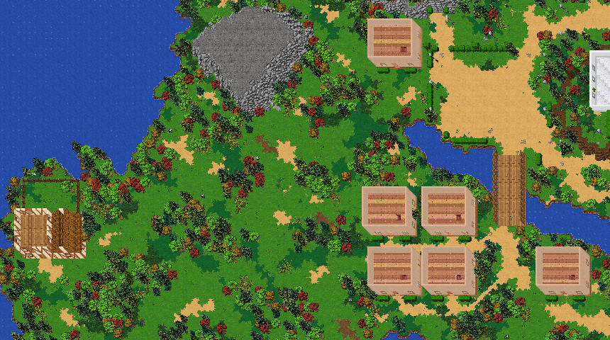 Aerial view of a coastal village in PokeValley, with wooden houses, a bridge and beach
