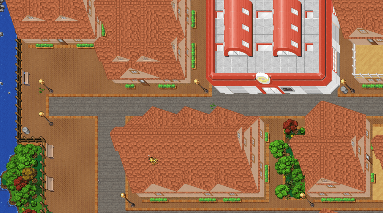 Aerial view of a PokeValley city, with red rooftops, a Pokémon Center and stone streets by the water